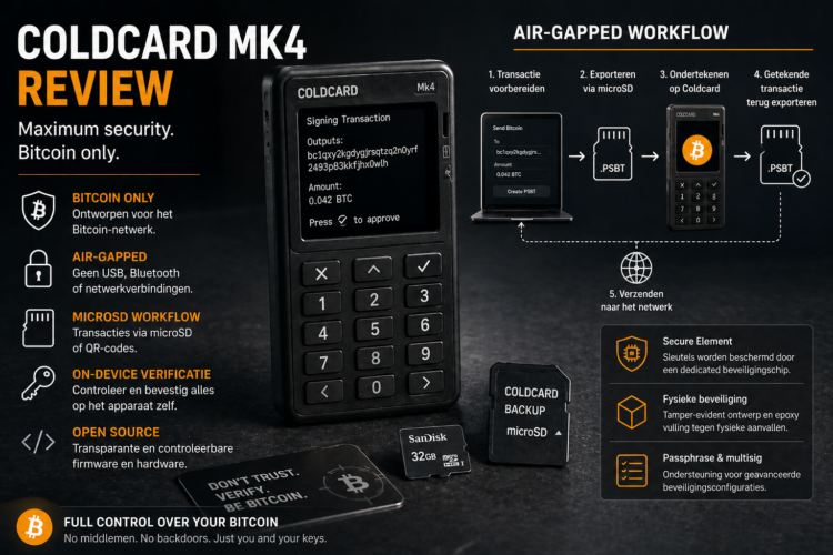 Illustratie van de Coldcard Mk4 hardware wallet met toetsenbord en scherm, waarbij Bitcoin transacties offline worden ondertekend via microSD en air-gapped workflows