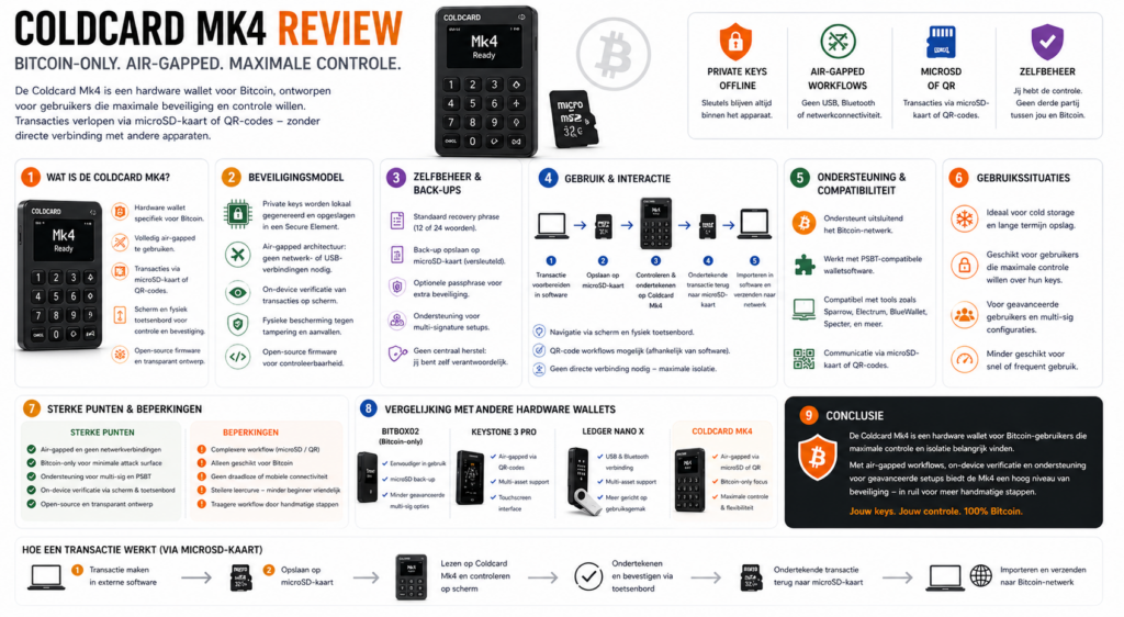 Infographic die laat zien hoe de Coldcard Mk4 werkt met air-gapped workflows via microSD en QR-codes, on-device verificatie en volledige offline opslag van Bitcoin private keys.