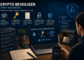 Illustratie van een beginner die crypto beveiliging leert via een laptop met visualisaties van wallets, private keys en seed phrases, met een kluis en beveiligingsiconen in een professionele, high-tech stijl.