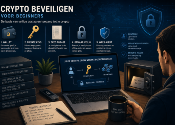 Illustratie van een beginner die crypto beveiliging leert via een laptop met visualisaties van wallets, private keys en seed phrases, met een kluis en beveiligingsiconen in een professionele, high-tech stijl.