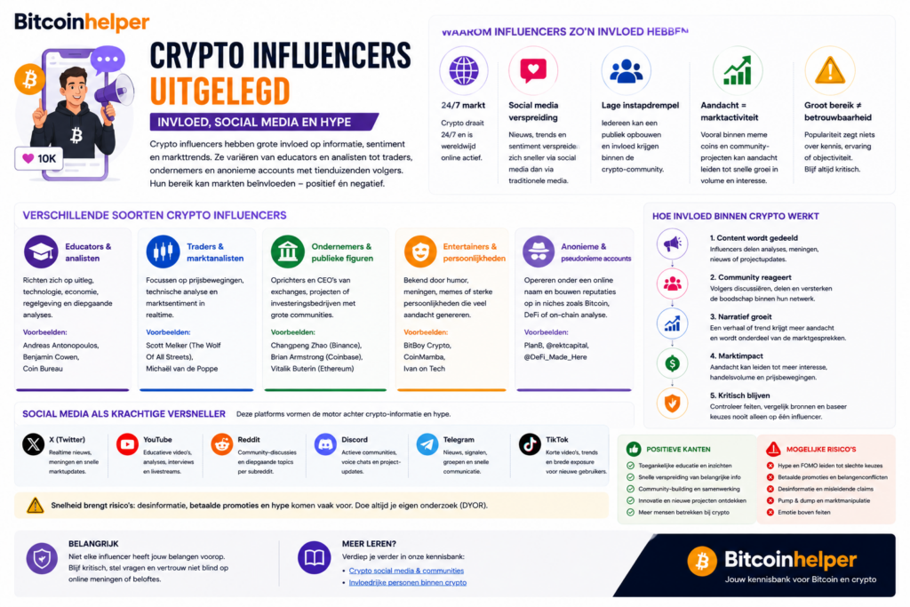 Kleurrijke infographic van Bitcoinhelper over crypto influencers, social media en hype binnen de cryptowereld, inclusief educators, traders, ondernemers, meme coins, online communities en de risico’s van influencer-gedreven markten.