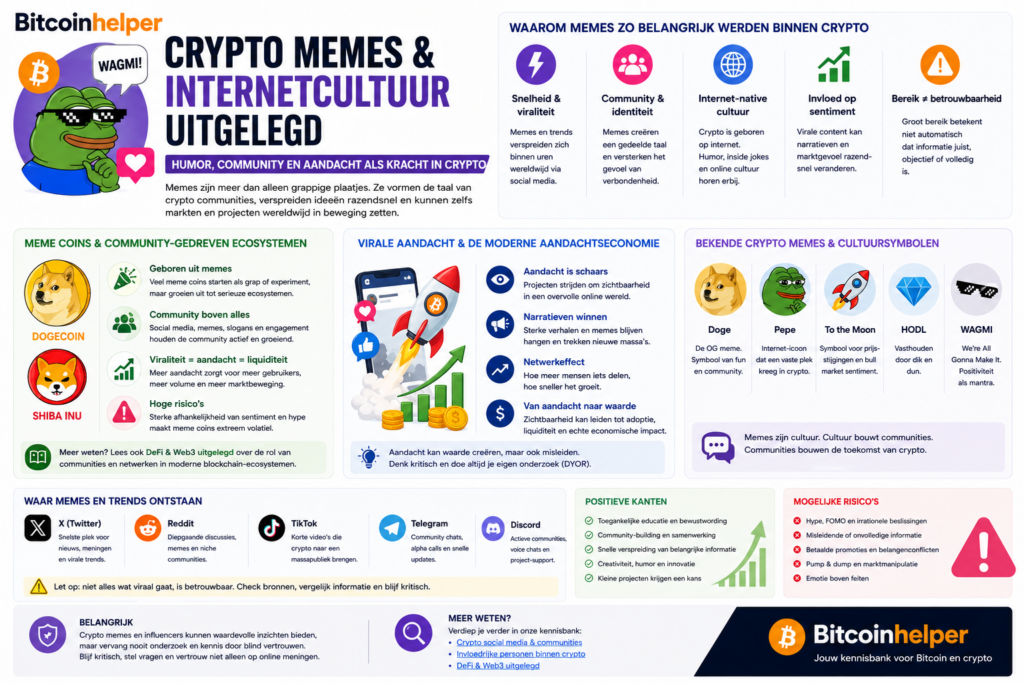 Kleurrijke infographic van Bitcoinhelper over crypto memes, internetcultuur en meme coins, inclusief viraliteit, online communities, aandachtseconomie, Dogecoin, Shiba Inu en de invloed van social media binnen de cryptowereld.