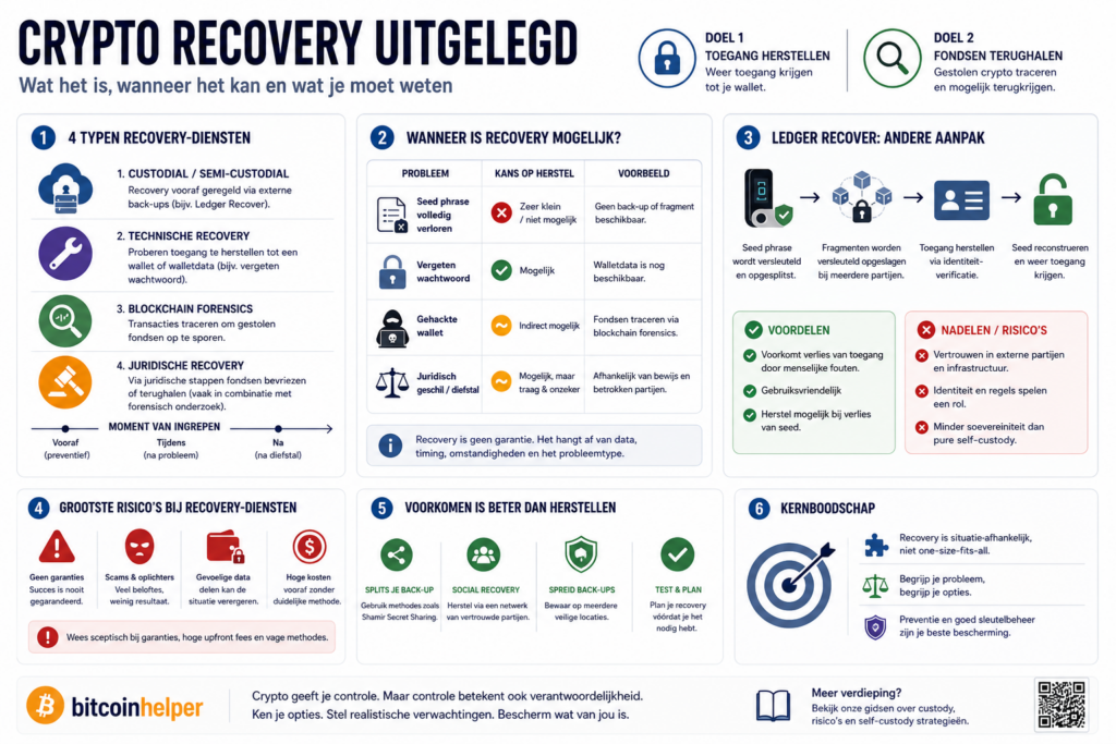 Minimalistische infographic over crypto recovery met de kern: verschil tussen toegang herstellen en fondsen terughalen, drie veelvoorkomende scenario’s (seed verloren, wachtwoord vergeten, hack) en de conclusie dat recovery beperkt is en preventie het belangrijkst is.