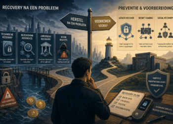 Editorial illustratie van een crypto-gebruiker op een kruispunt tussen recovery na verlies en preventieve oplossingen zoals social recovery en seed back-ups.