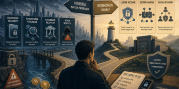 Editorial illustratie van een crypto-gebruiker op een kruispunt tussen recovery na verlies en preventieve oplossingen zoals social recovery en seed back-ups.