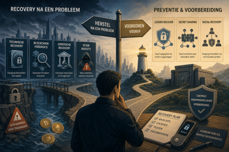 Editorial illustratie van een crypto-gebruiker op een kruispunt tussen recovery na verlies en preventieve oplossingen zoals social recovery en seed back-ups.
