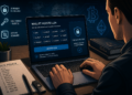Illustratie van een gebruiker die op een laptop een crypto wallet herstelt door een seed phrase in te voeren, met visuele elementen van blockchain, beveiliging en offline opslag in een professionele, high-tech stijl.