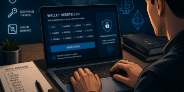 Illustratie van een gebruiker die op een laptop een crypto wallet herstelt door een seed phrase in te voeren, met visuele elementen van blockchain, beveiliging en offline opslag in een professionele, high-tech stijl.