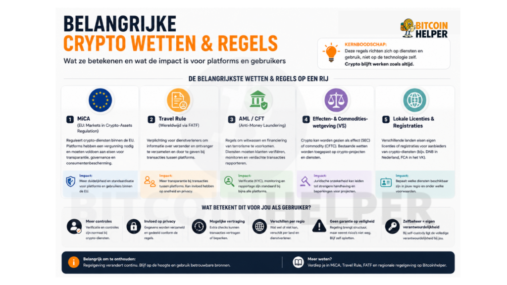 Infographic van Bitcoinhelper met overzicht van belangrijke crypto wetten en regels zoals MiCA, Travel Rule, AML en internationale standaarden, en hun impact op platforms, transacties en gebruikers, met nadruk dat regelgeving diensten beïnvloedt en niet de blockchaintechnologie zelf.