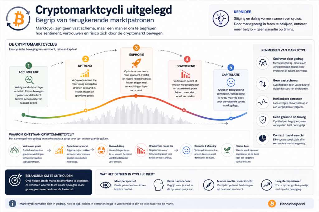 Infographic die uitlegt hoe cryptomarktcycli werken, met fases zoals accumulatie, uptrend, euforie, downtrend en capitulatie, en hoe sentiment, vertrouwen en risicobereidheid de cryptomarkt cyclisch beïnvloeden.