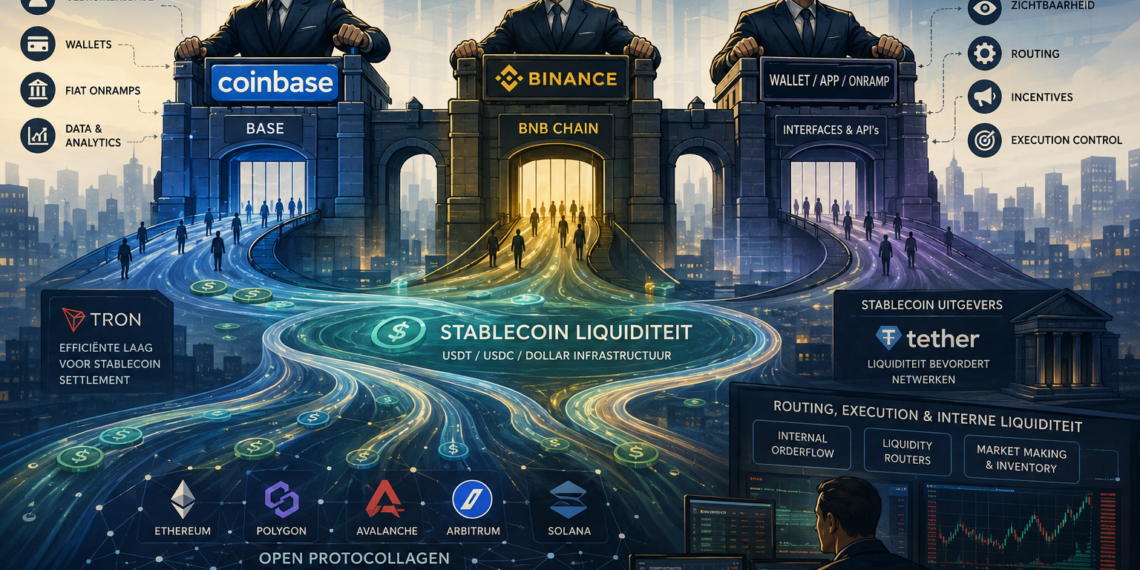 Editorial illustratie van DeFi-infrastructuur waarin Coinbase, Binance, stablecoins en routing-netwerken de controle over liquiditeit en distributie centraliseren boven open protocollen.