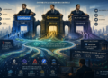 Editorial illustratie van DeFi-infrastructuur waarin Coinbase, Binance, stablecoins en routing-netwerken de controle over liquiditeit en distributie centraliseren boven open protocollen.