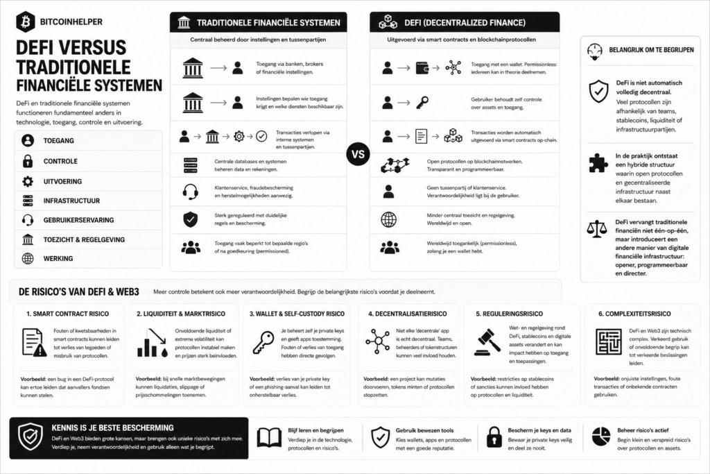 Infographic die DeFi vergelijkt met traditionele financiële systemen op het gebied van toegang, controle, infrastructuur en regelgeving, inclusief uitleg over risico’s zoals smart contracts, liquiditeit, self-custody en decentralisatie binnen Web3.