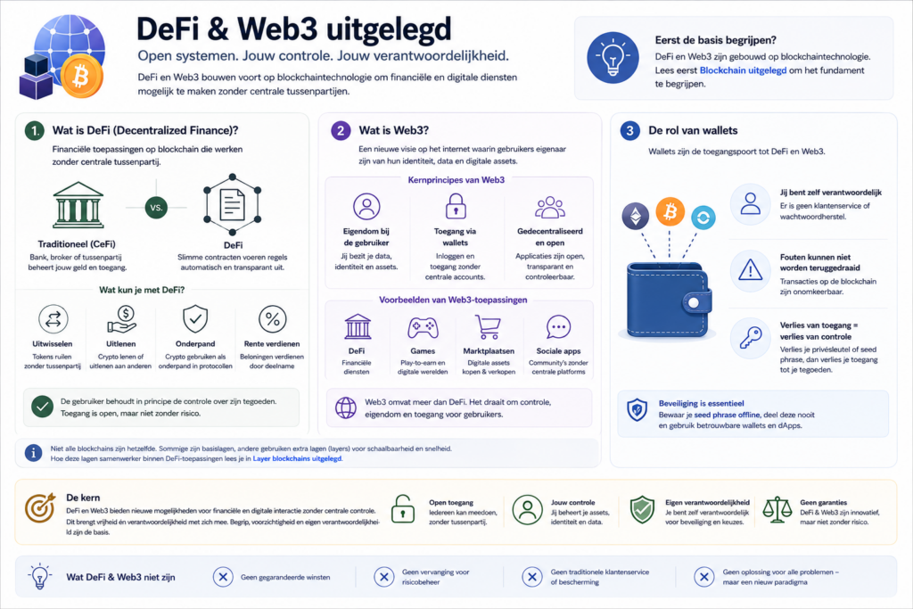 Infographic die uitlegt wat DeFi en Web3 zijn, hoe blockchaintechnologie financiële en digitale diensten zonder centrale tussenpartij mogelijk maakt, en welke rol wallets, eigendom en gebruikersverantwoordelijkheid daarin spelen.