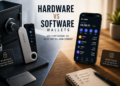 Featured image van een hardware wallet en een smartphone met software wallet die tegenover elkaar staan, met subtiele visuele contrasten tussen offline beveiliging en online gebruik in een strakke, professionele stijl.