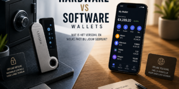 Featured image van een hardware wallet en een smartphone met software wallet die tegenover elkaar staan, met subtiele visuele contrasten tussen offline beveiliging en online gebruik in een strakke, professionele stijl.
