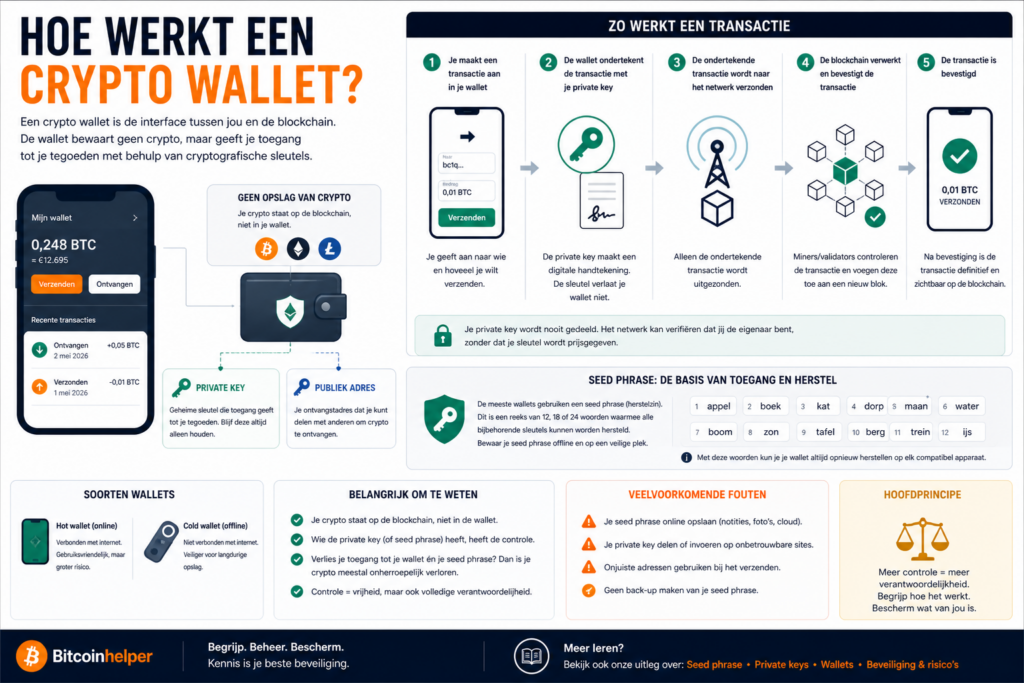 Infographic die uitlegt hoe een crypto wallet werkt, met een stap-voor-stap weergave van transacties, de rol van private keys en publieke adressen, en de seed phrase als basis voor toegang en herstel.