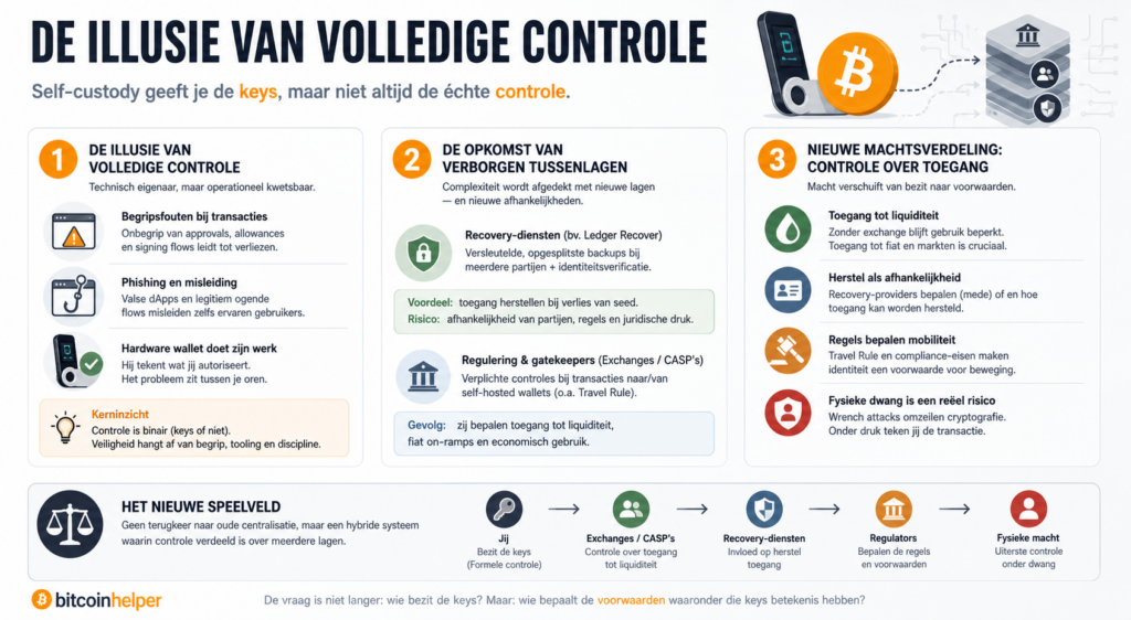 Infographic over self-custody in crypto die laat zien dat het bezitten van private keys niet gelijk staat aan volledige controle. Visualiseert risico’s zoals gebruikersfouten, phishing en verborgen tussenlagen zoals exchanges, recovery-diensten en regelgeving, en hoe deze de toegang tot liquiditeit en controle beïnvloeden.