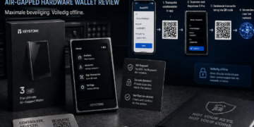 Illustratie van de Keystone 3 Pro hardware wallet waarbij transacties via QR-codes worden verwerkt, met focus op air-gapped beveiliging en offline opslag van private keys