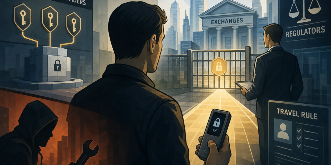 Editorial illustratie van een crypto-gebruiker met hardware wallet voor een gereguleerde toegangspoort, met exchanges, recovery providers en regulators als controlelagen.