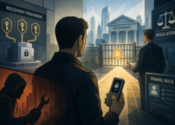 Editorial illustratie van een crypto-gebruiker met hardware wallet voor een gereguleerde toegangspoort, met exchanges, recovery providers en regulators als controlelagen.
