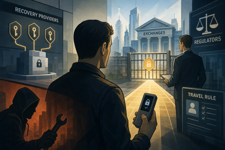 Editorial illustratie van een crypto-gebruiker met hardware wallet voor een gereguleerde toegangspoort, met exchanges, recovery providers en regulators als controlelagen.