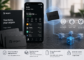 Illustratie van de Tangem Wallet met NFC-kaarten en smartphone, waarbij transacties worden ondertekend via een mobiele app en private keys op de kaart blijven opgeslagen