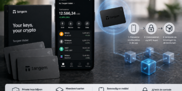 Illustratie van de Tangem Wallet met NFC-kaarten en smartphone, waarbij transacties worden ondertekend via een mobiele app en private keys op de kaart blijven opgeslagen
