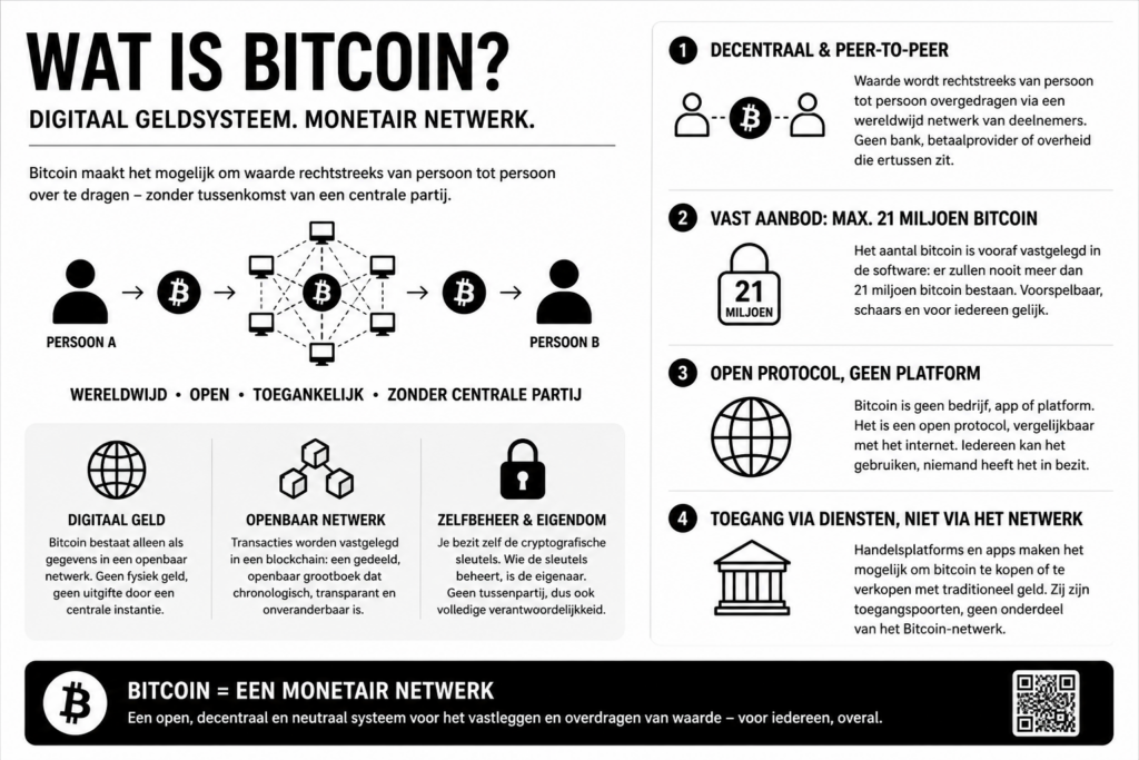 Zwart-witte infographic die uitlegt wat Bitcoin is als digitaal geldsysteem en monetair netwerk, met peer-to-peer transacties zonder centrale partij, vast aanbod van 21 miljoen en zelfbeheer via cryptografische sleutels.