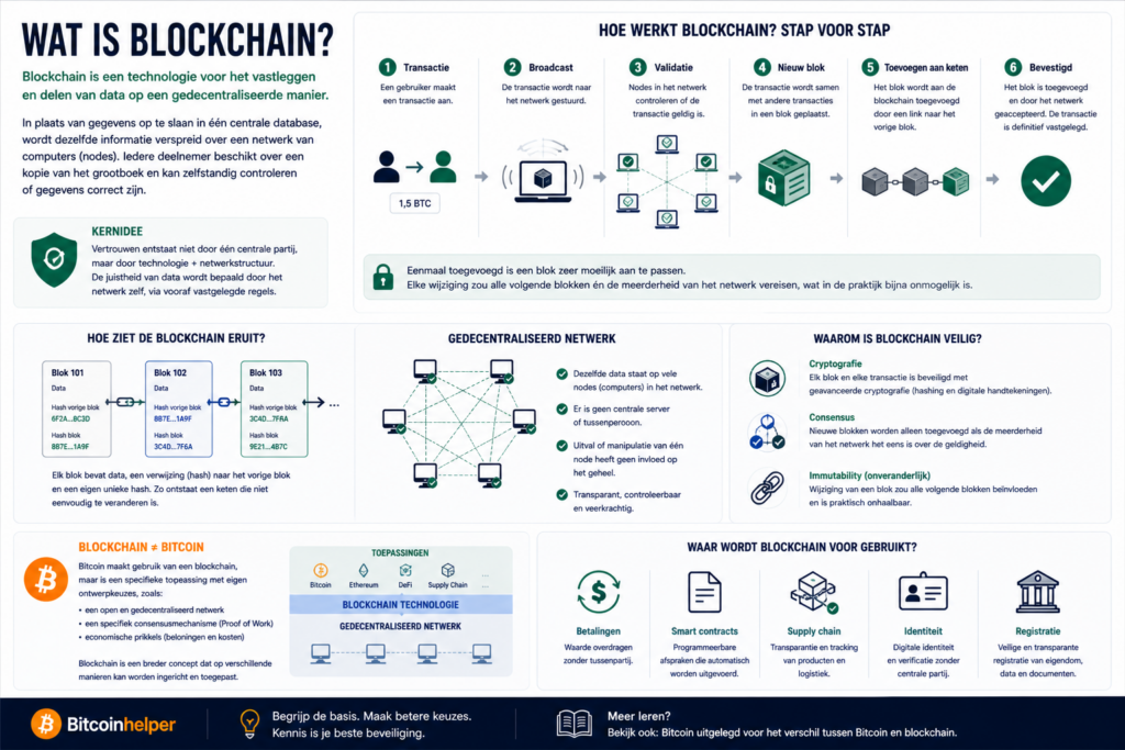 Infographic die uitlegt wat blockchain is, met een visuele stap-voor-stap weergave van transacties, blokken die aan elkaar gekoppeld worden, en de rol van een gedecentraliseerd netwerk in het verifiëren en beveiligen van data.