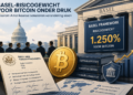 illustratie van het debat over het Basel-risicogewicht voor Bitcoin. Amerikaanse senatoren bespreken bankregelgeving terwijl een grote Bitcoin, een Basel-kader met een risicogewicht van 1.250% en financiële instellingen de groeiende integratie van Bitcoin binnen het traditionele financiële systeem symboliseren.