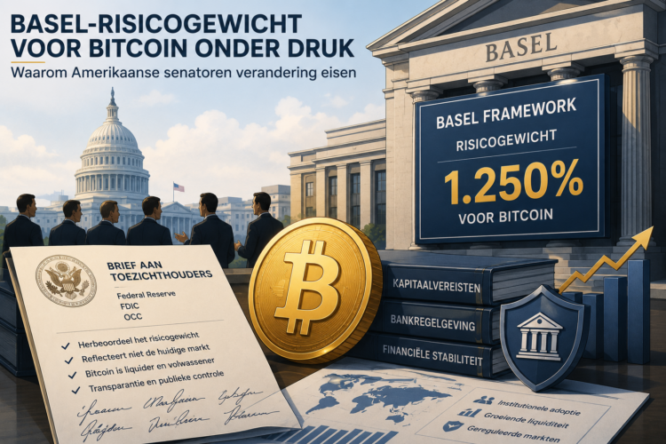 illustratie van het debat over het Basel-risicogewicht voor Bitcoin. Amerikaanse senatoren bespreken bankregelgeving terwijl een grote Bitcoin, een Basel-kader met een risicogewicht van 1.250% en financiële instellingen de groeiende integratie van Bitcoin binnen het traditionele financiële systeem symboliseren.