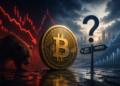 editorial illustratie van Bitcoin op een financieel kruispunt. Een grote Bitcoin-munt staat centraal tussen een dreigende bear market met dalende grafieken en een mogelijk herstelscenario, waarmee de toenemende onzekerheid rond de huidige marktcorrectie wordt uitgebeeld.