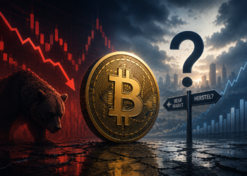 editorial illustratie van Bitcoin op een financieel kruispunt. Een grote Bitcoin-munt staat centraal tussen een dreigende bear market met dalende grafieken en een mogelijk herstelscenario, waarmee de toenemende onzekerheid rond de huidige marktcorrectie wordt uitgebeeld.