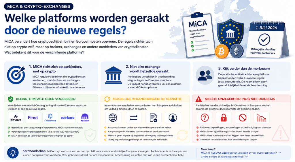 Infographic over de impact van MiCA op crypto-exchanges en brokers in Europa. Het overzicht laat zien waarom aanbieders worden gereguleerd, welke platforms het minst worden geraakt, waar onzekerheid bestaat en waarom de juridische entiteit achter een exchange steeds belangrijker wordt.