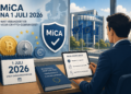Cointelegraph-stijl editorial illustratie over MiCA-regelgeving in Europa. Een professionele financiële analist beoordeelt MiCA-compliance terwijl Bitcoin, Ethereum en Europese toezichtssymbolen de overgang naar het volledige Europese cryptoregelgevingskader na 1 juli 2026 visualiseren.