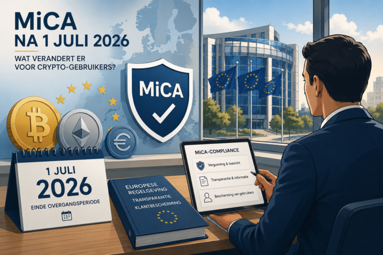 Cointelegraph-stijl editorial illustratie over MiCA-regelgeving in Europa. Een professionele financiële analist beoordeelt MiCA-compliance terwijl Bitcoin, Ethereum en Europese toezichtssymbolen de overgang naar het volledige Europese cryptoregelgevingskader na 1 juli 2026 visualiseren.