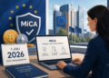 Editorial illustratie van de Europese MiCA-regelgeving voor crypto. Een professionele analist bekijkt MiCA-compliance terwijl Bitcoin, Ethereum en Europese toezichtssymbolen de overgang naar het volledige Europese cryptoregelgevingskader per 1 juli 2026 visualiseren.