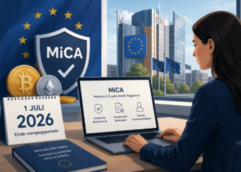Editorial illustratie van de Europese MiCA-regelgeving voor crypto. Een professionele analist bekijkt MiCA-compliance terwijl Bitcoin, Ethereum en Europese toezichtssymbolen de overgang naar het volledige Europese cryptoregelgevingskader per 1 juli 2026 visualiseren.
