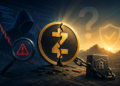 illustratie van de Zcash Orchard-bug. Een gebarsten Zcash-munt staat centraal tussen een beveiligingssymbool, een vergrootglas en een schimmige achtergrond, waarmee de spanning tussen privacy, verifieerbaarheid en vertrouwen in de geldhoeveelheid wordt uitgebeeld.